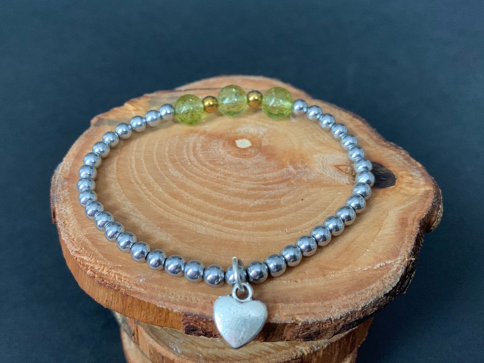 Peridot Hematite Metal Heart Charm Womens Bracelets - Konmay London