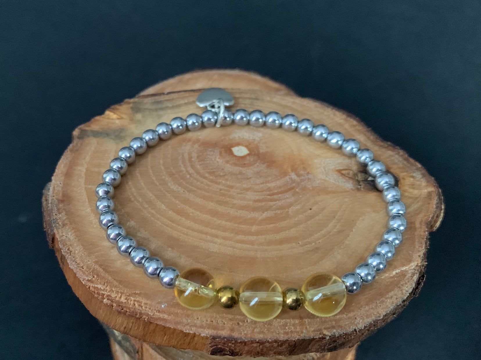 Citrine Hematite Metal Heart Charm Womens Bracelets - Konmay London