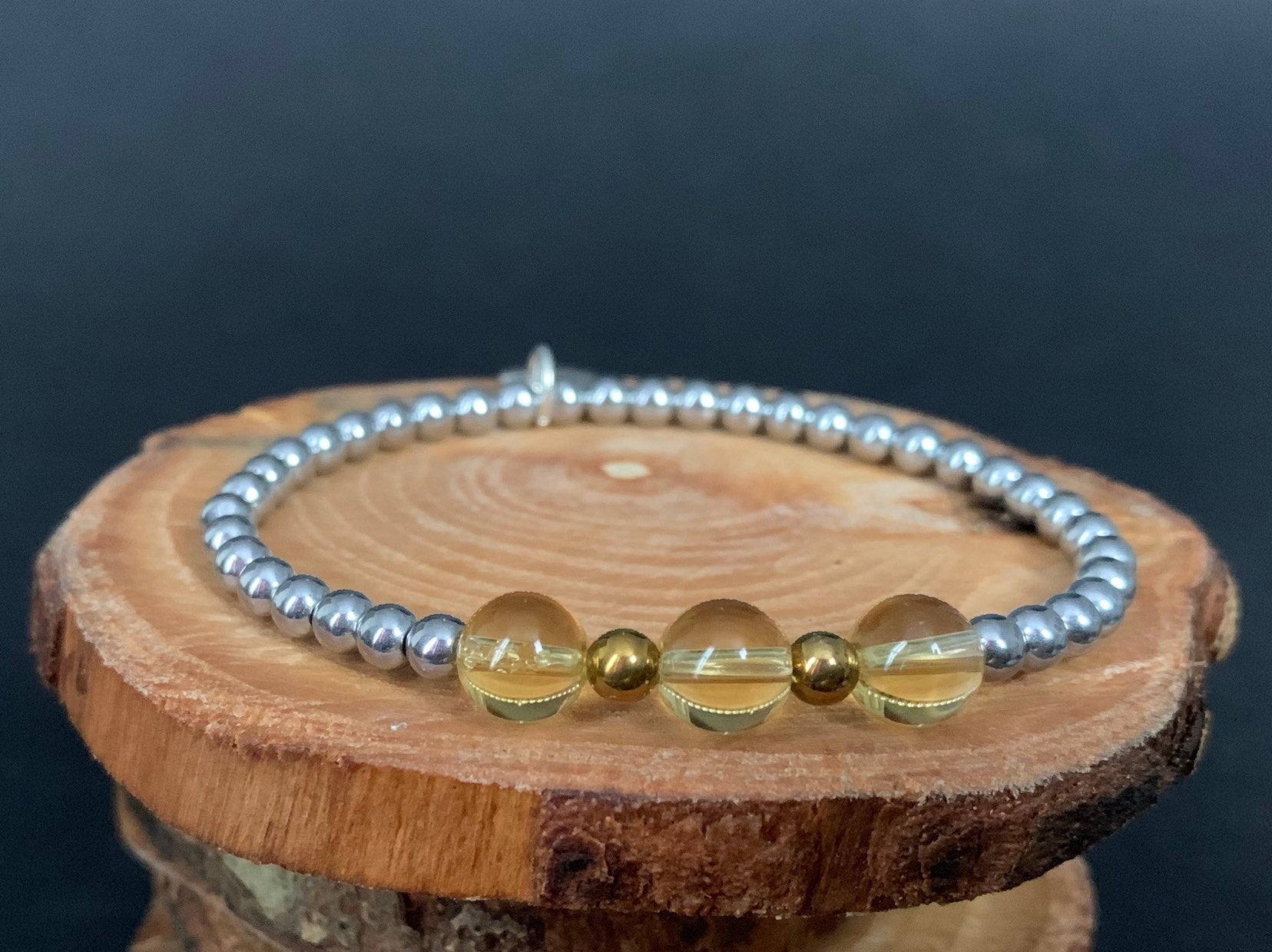 Citrine Hematite Metal Heart Charm Womens Bracelets - Konmay London