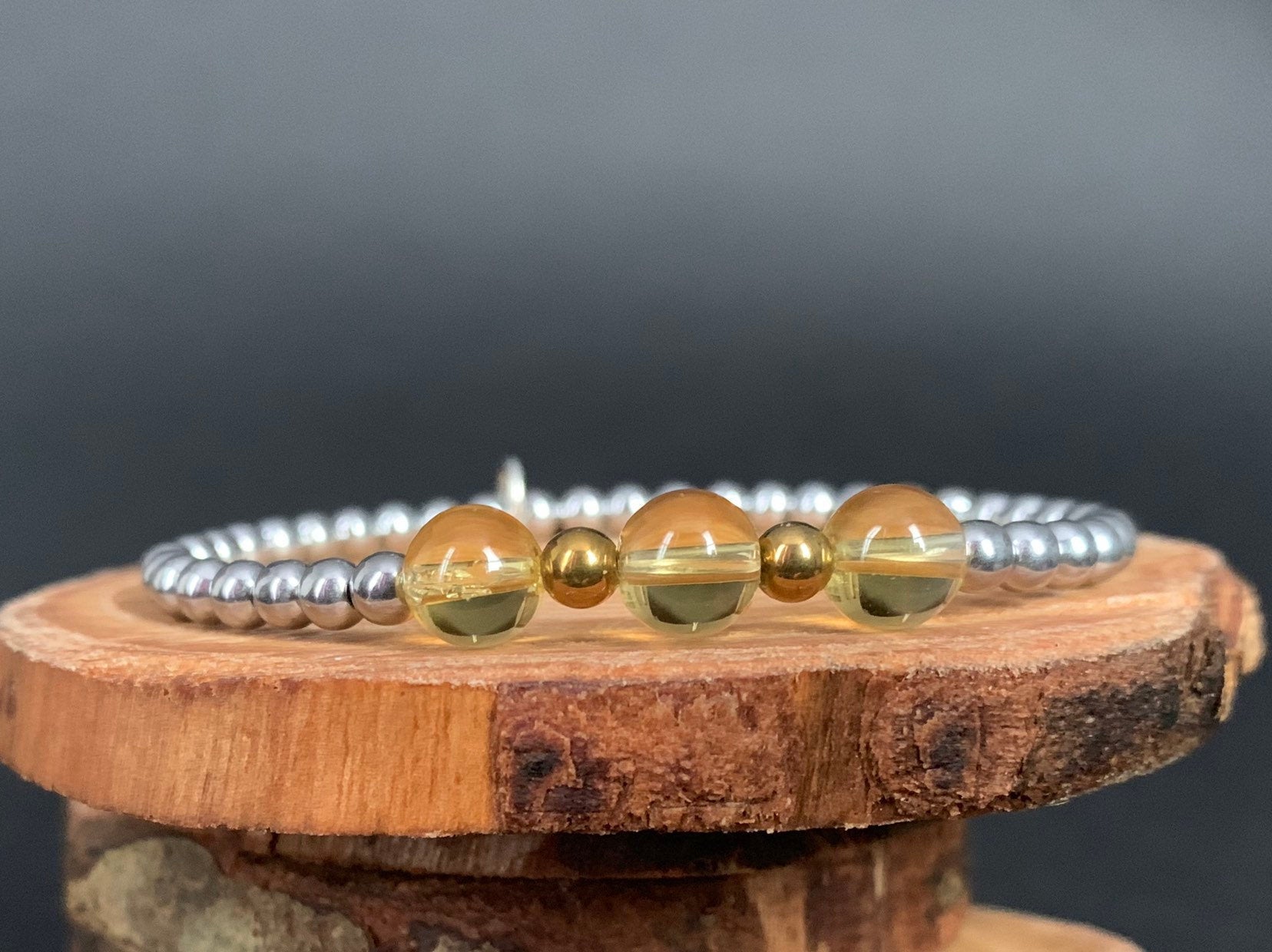 Citrine Hematite Metal Heart Charm Womens Bracelets - Konmay London