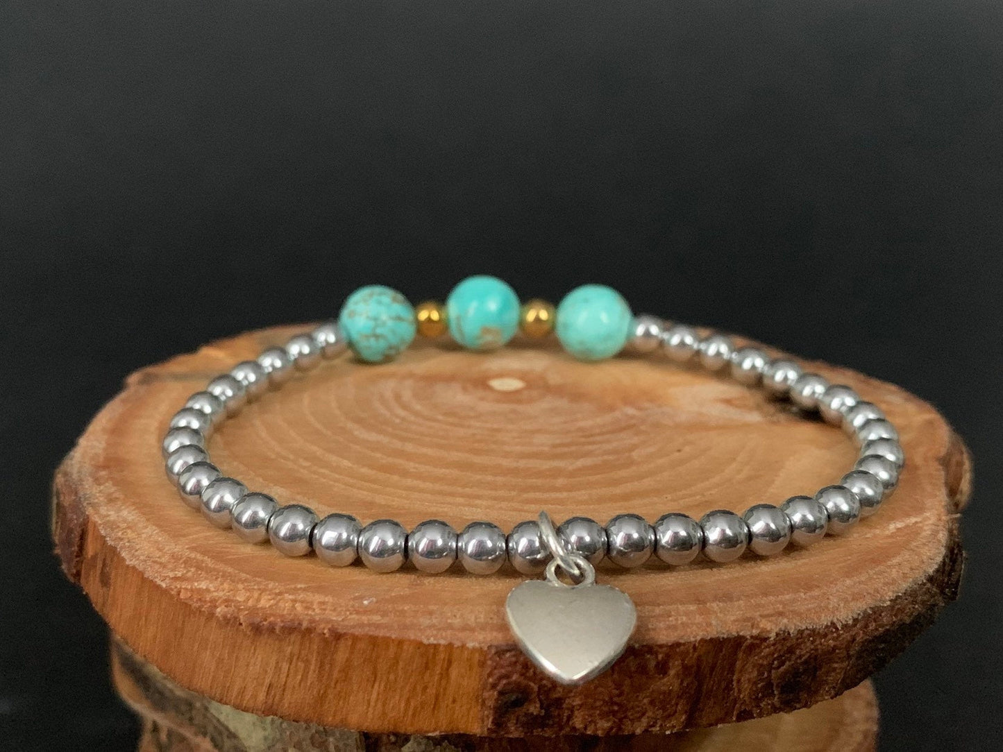 Turquoise Hematite Metal Heart Charm Womens Bracelets - Konmay London