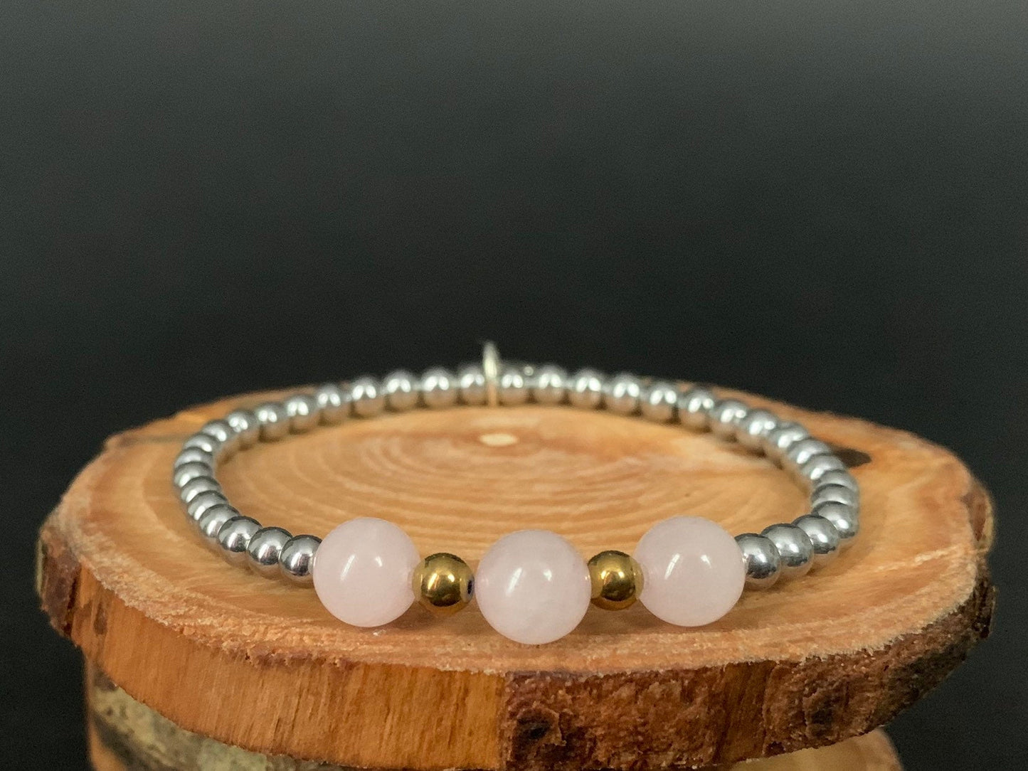 Rose Quartz Hematite Metal Heart Charm Womens Bracelets - Konmay London