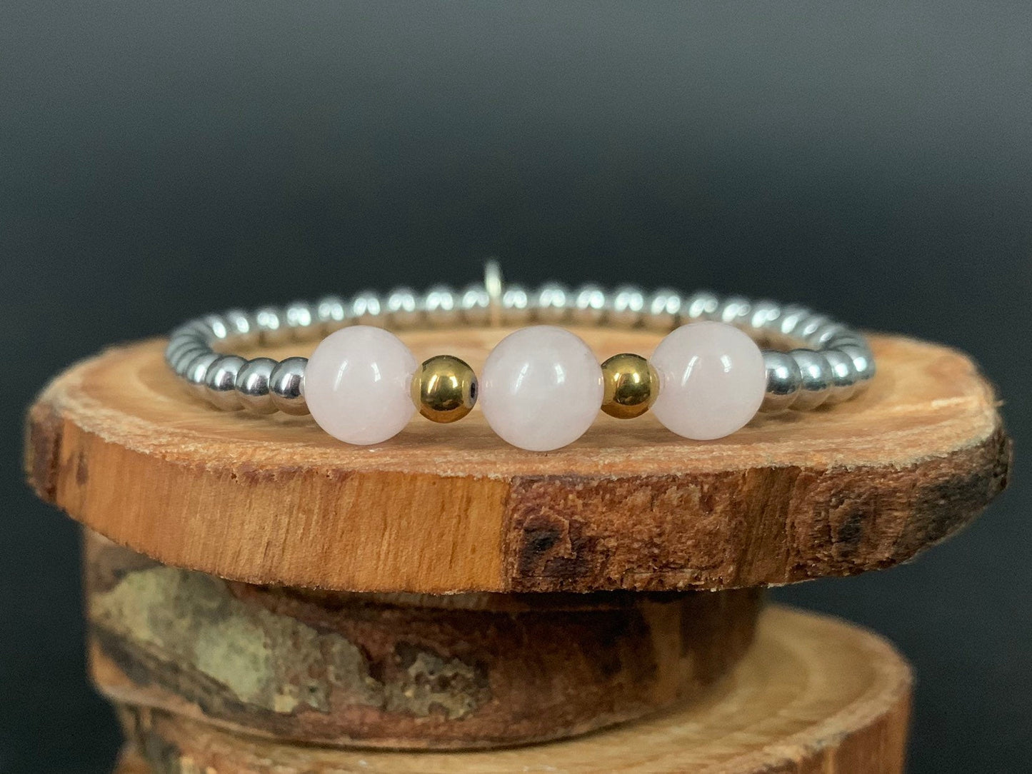 Rose Quartz Hematite Metal Heart Charm Womens Bracelets - Konmay London