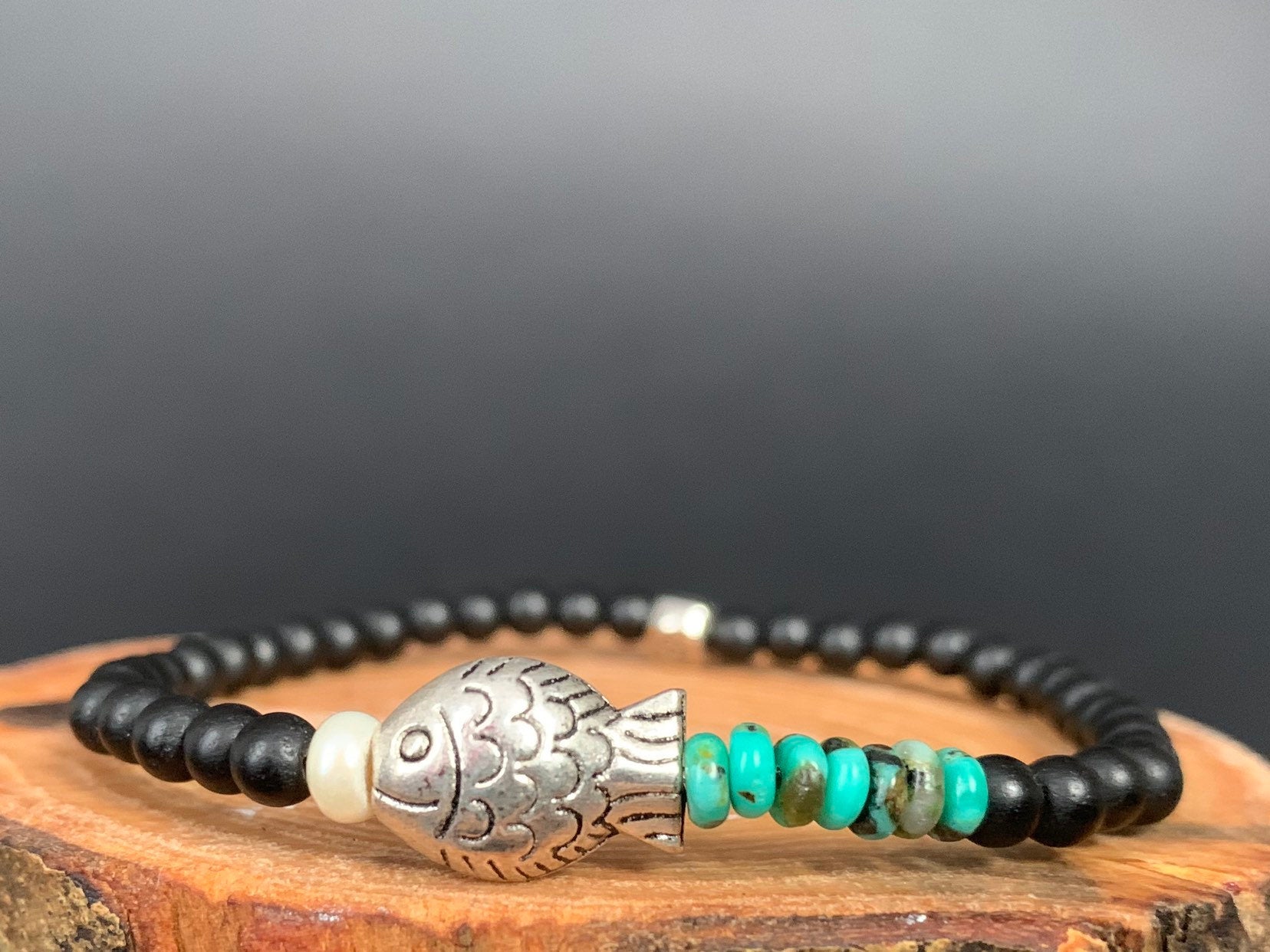 Handmade Turquoise Fish Pearl Stretch Beaded Bracelet - Konmay London