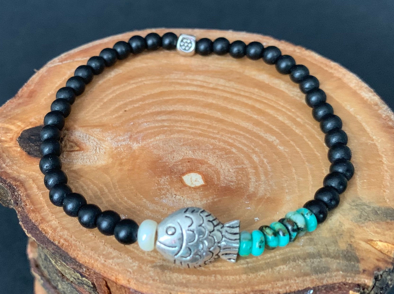 Handmade Turquoise Fish Pearl Stretch Beaded Bracelet - Konmay London