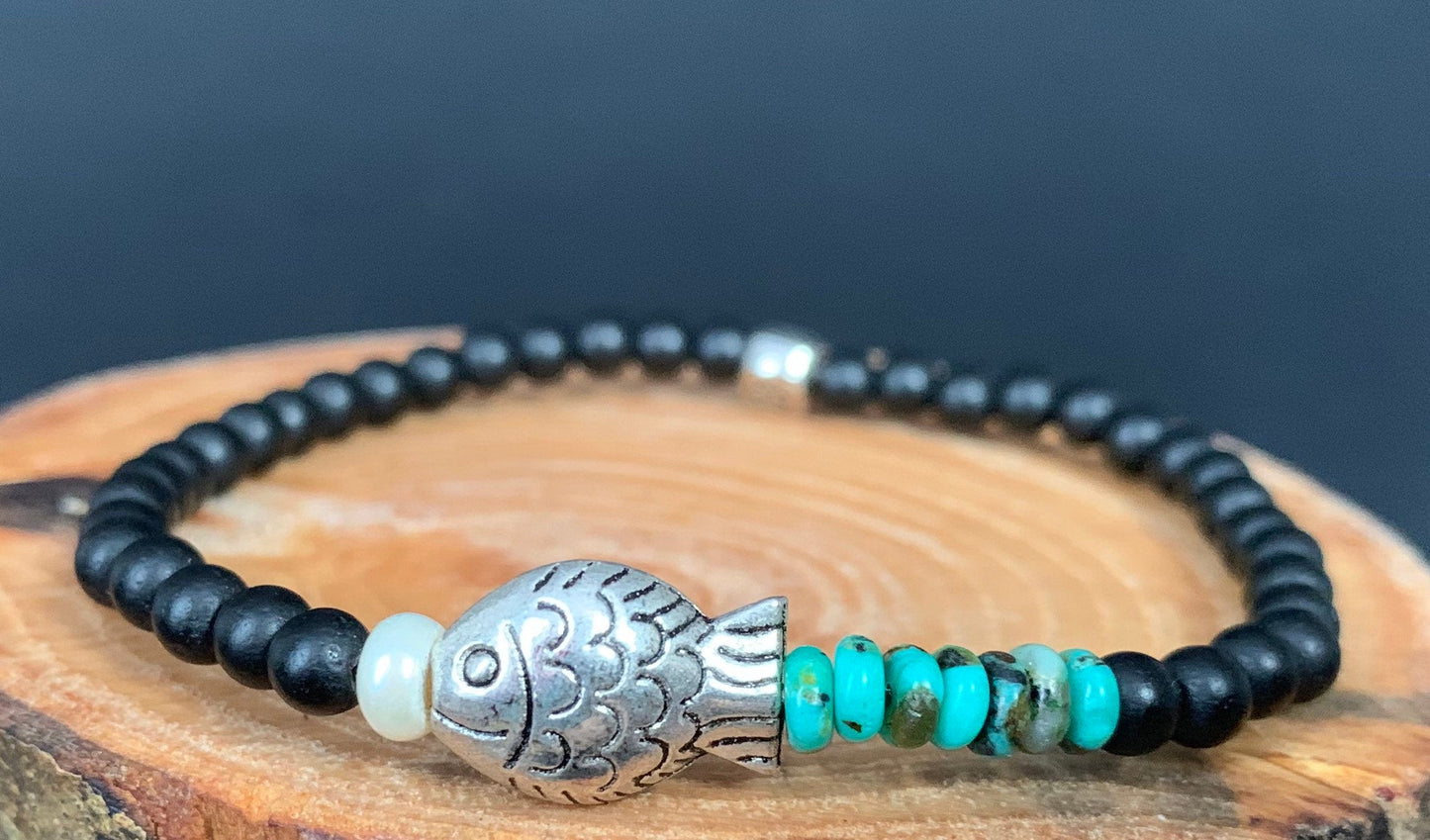 Handmade Turquoise Fish Pearl Stretch Beaded Bracelet - Konmay London