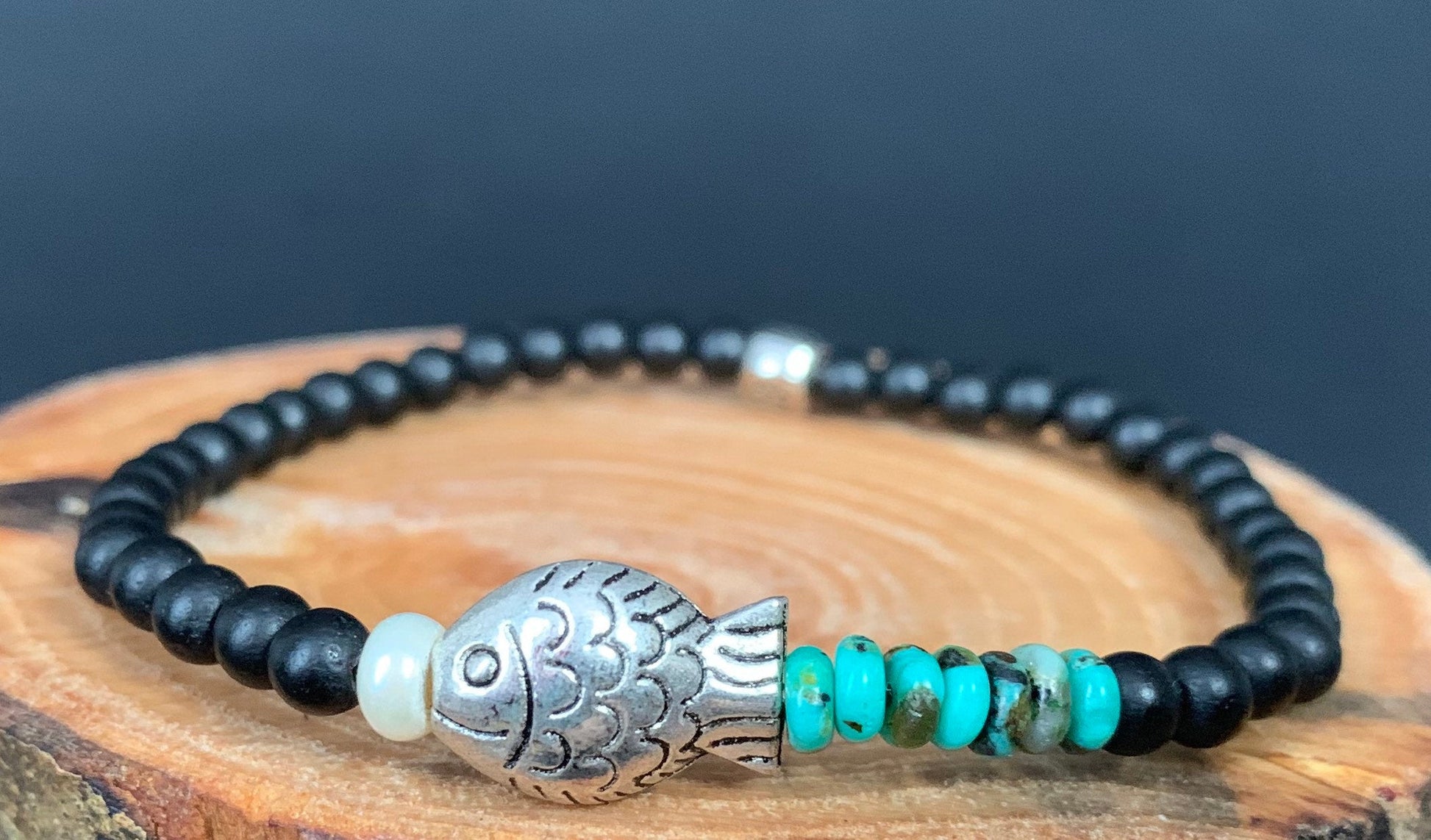 Handmade Turquoise Fish Pearl Stretch Beaded Bracelet - Konmay London