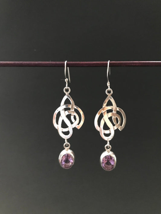 Handmade Celtic Knot Amethyst/Garnet Silver Earring - Konmay London