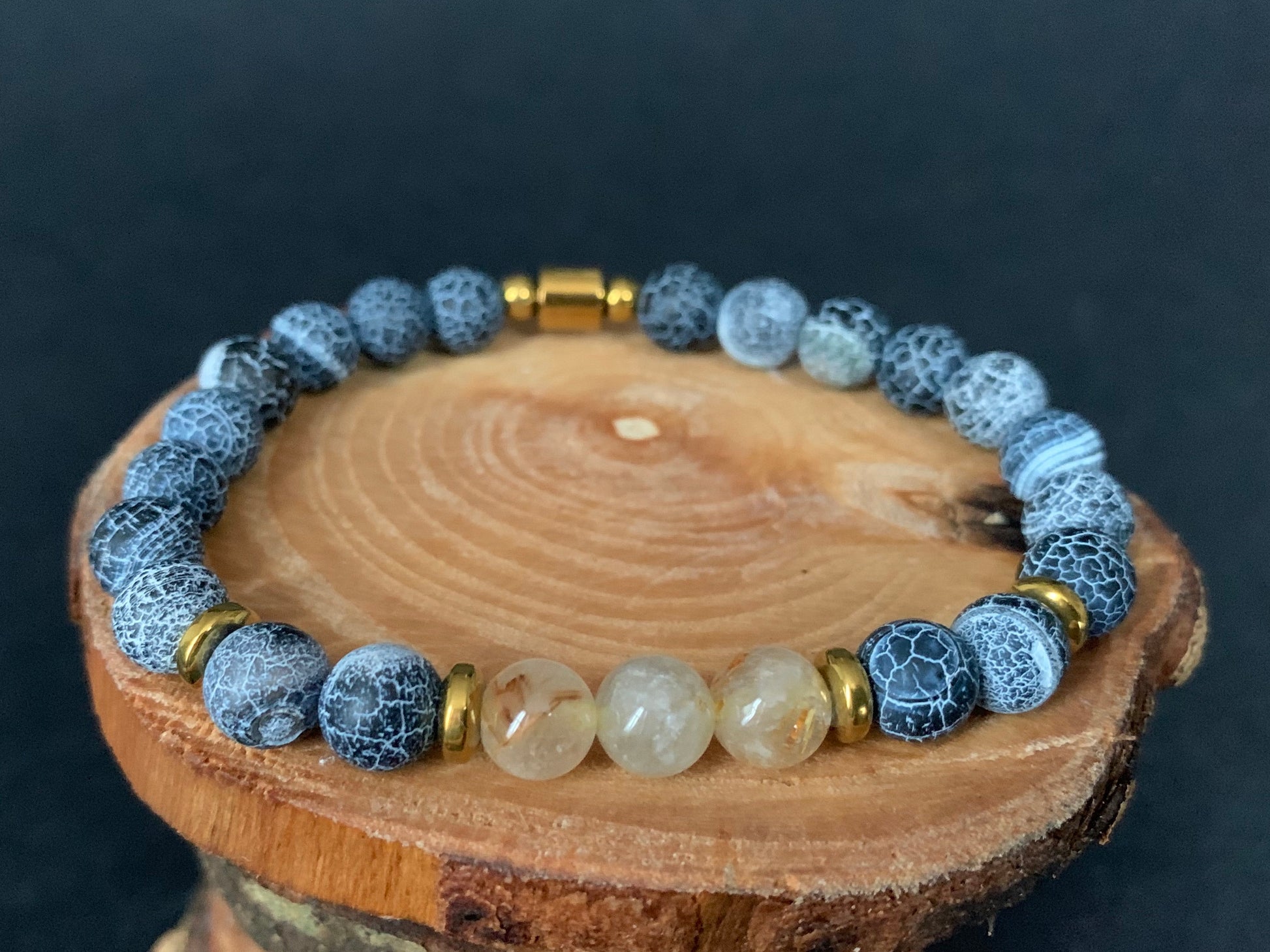Rutilated Quartz Frosted Spiderweb Crackled Agate Hematite Mens Bracelets - Konmay London