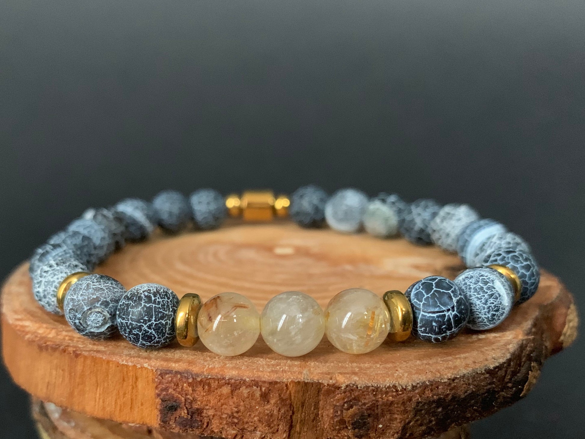 Rutilated Quartz Frosted Spiderweb Crackled Agate Hematite Mens Bracelets - Konmay London