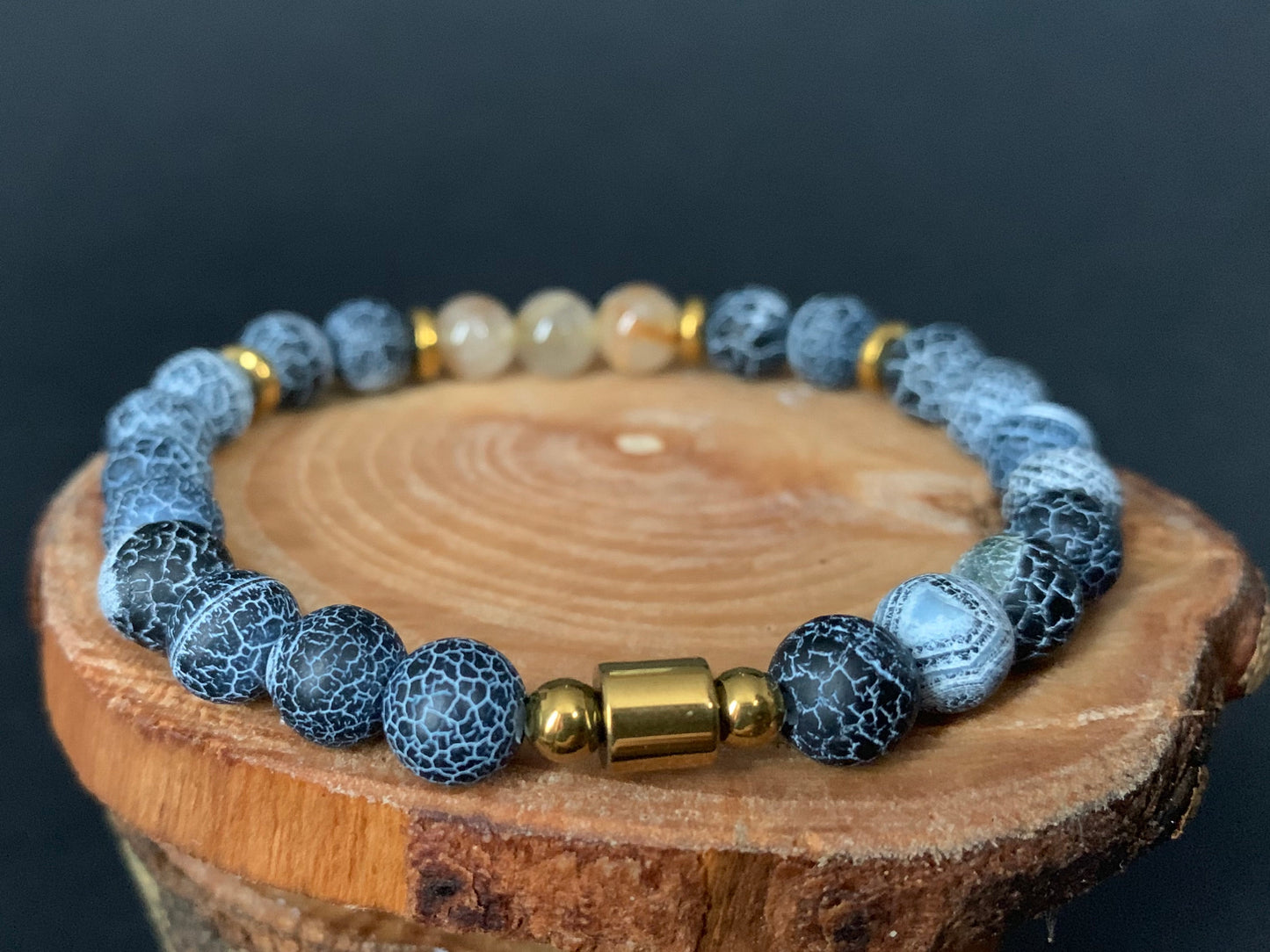 Rutilated Quartz Frosted Spiderweb Crackled Agate Hematite Mens Bracelets - Konmay London