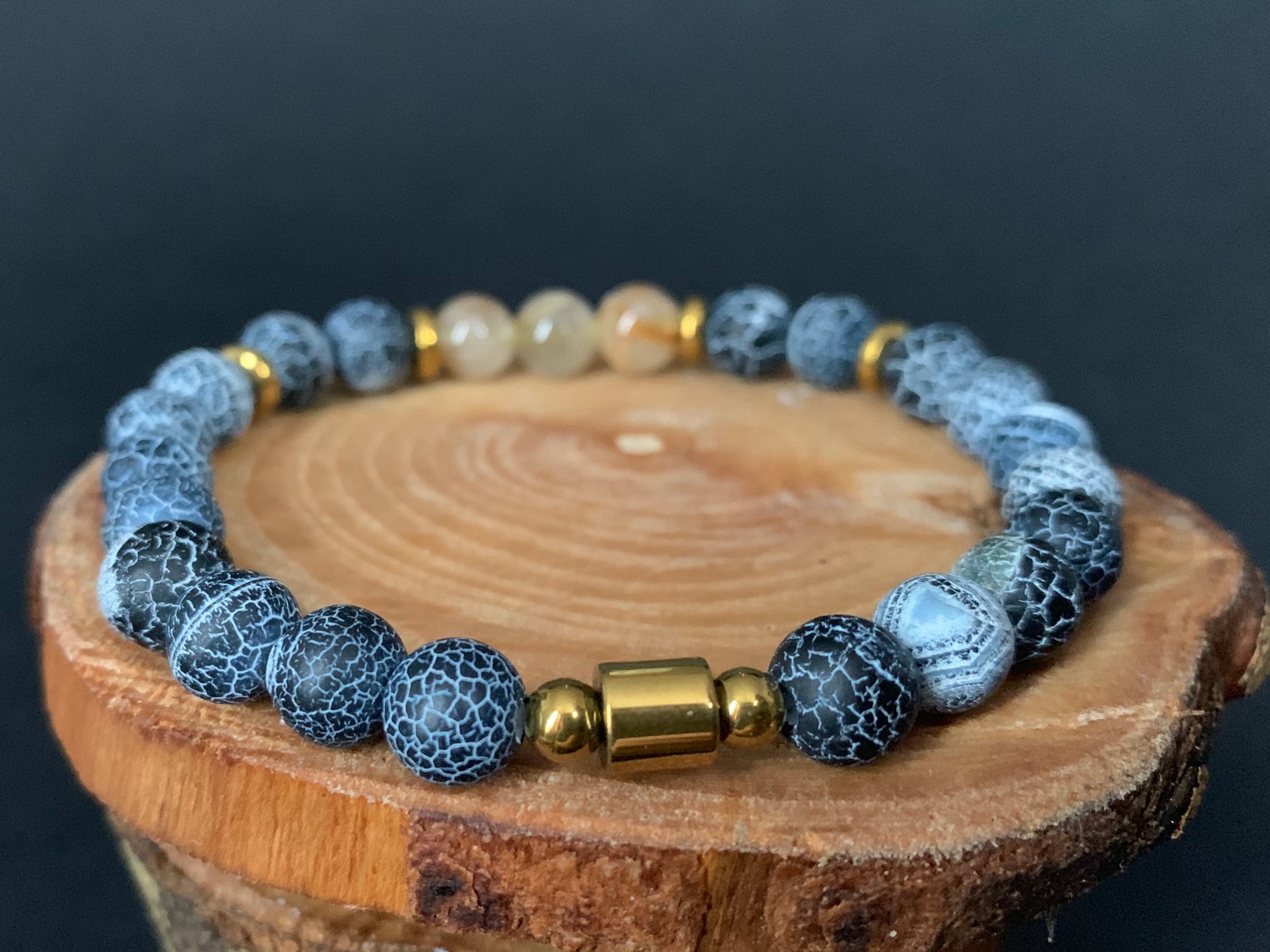 Rutilated Quartz Frosted Spiderweb Crackled Agate Hematite Mens Bracelets - Konmay London