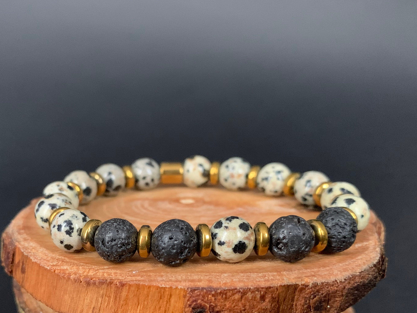 Dalmatian Jasper Lavarock Hematite Mens Bracelets - Konmay London