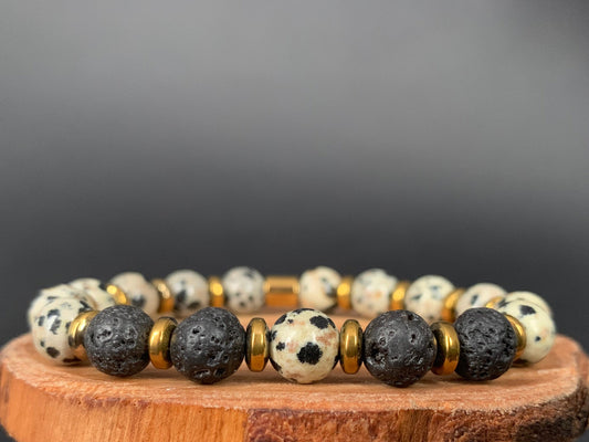 Dalmatian Jasper Lavarock Hematite Mens Bracelets - Konmay London