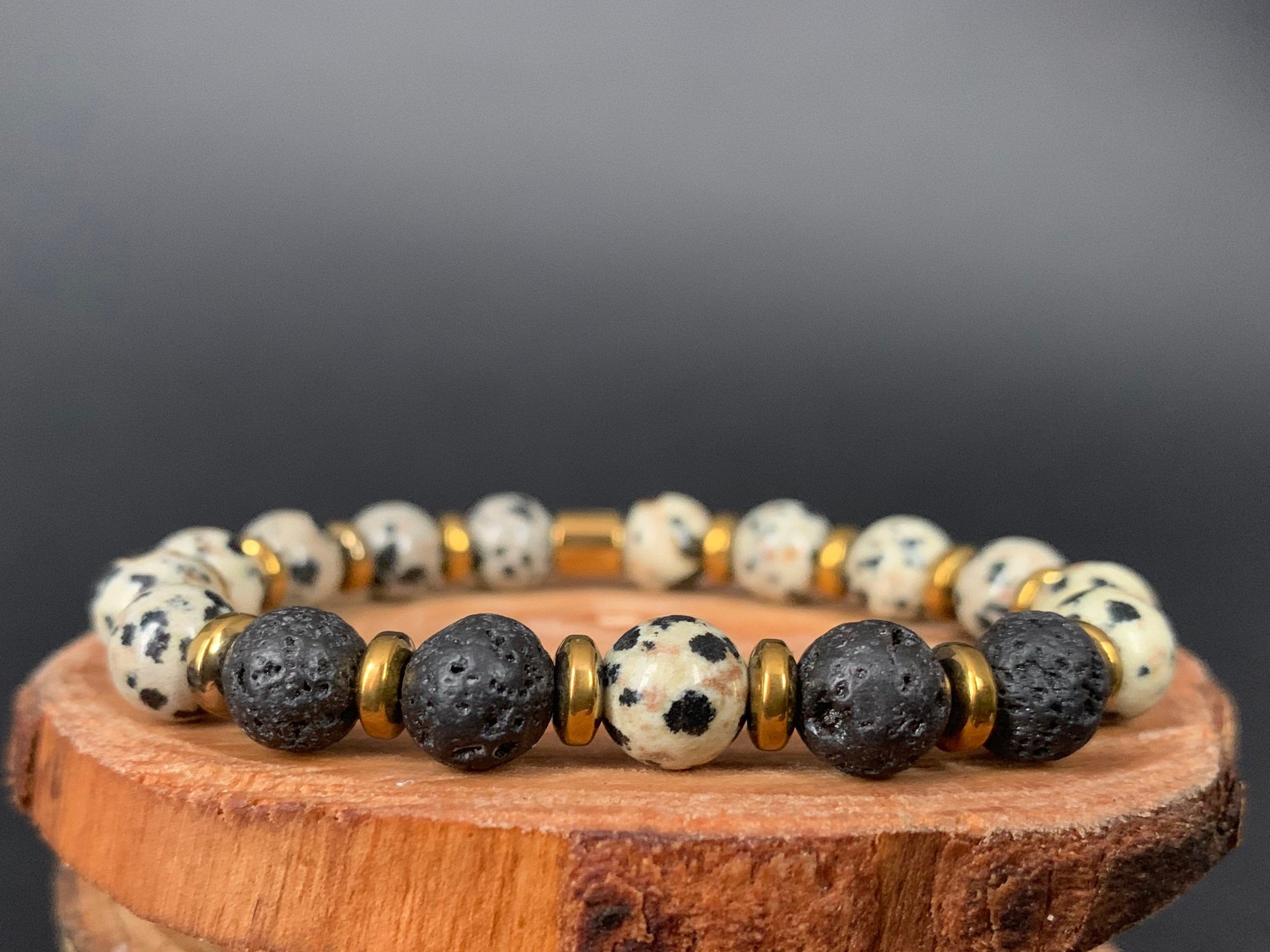 Dalmatian Jasper Lavarock Hematite Mens Bracelets - Konmay London