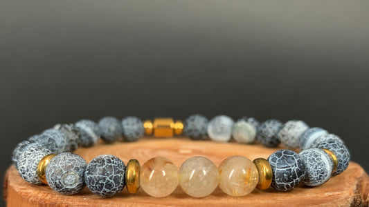 Rutilated Quartz Frosted Spiderweb Crackled Agate Hematite Mens Bracelets - Konmay London