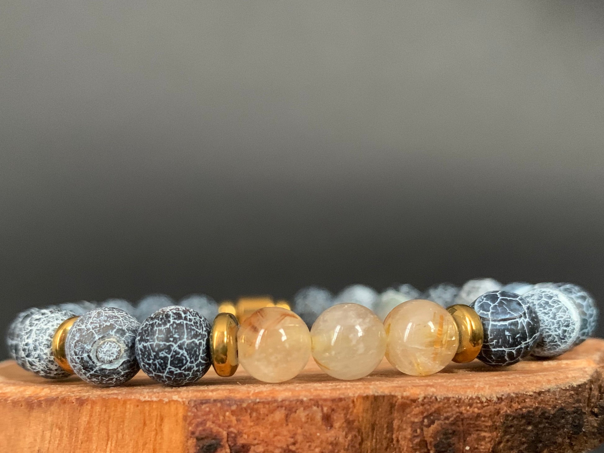 Rutilated Quartz Frosted Spiderweb Crackled Agate Hematite Mens Bracelets - Konmay London