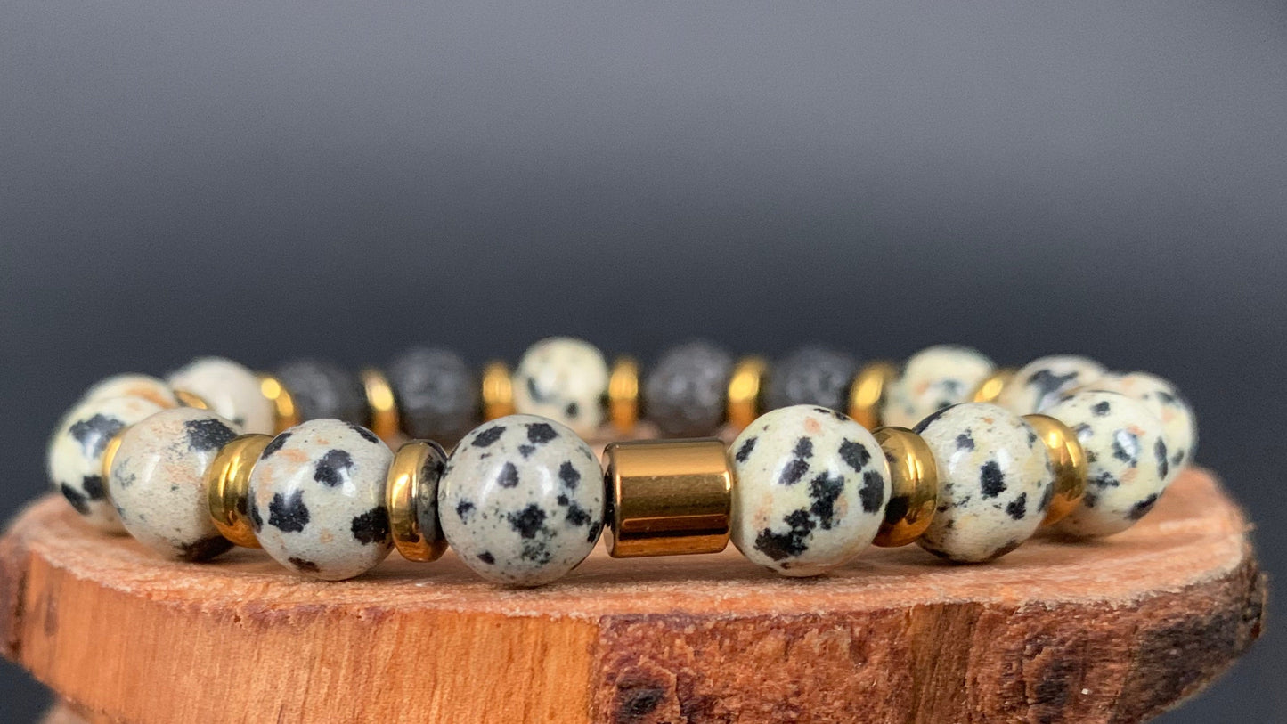 Dalmatian Jasper Lavarock Hematite Mens Bracelets - Konmay London