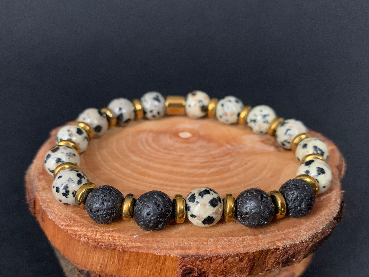 Dalmatian Jasper Lavarock Hematite Mens Bracelets - Konmay London