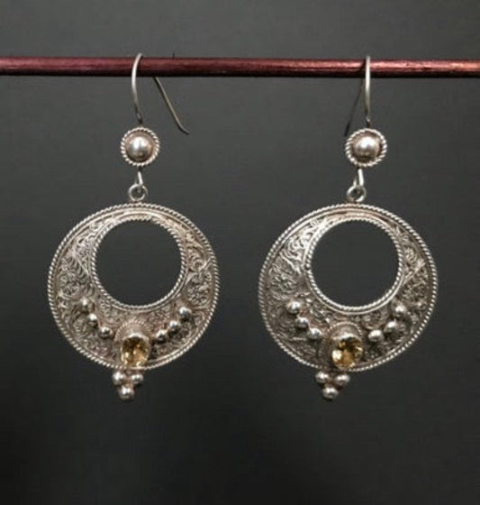 Handmade Floral Filigree Moon Citrine/Garnet/Onyx Silver Earrings - Konmay London