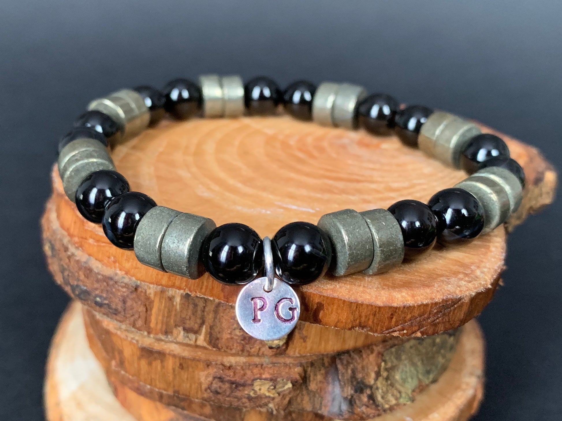 Handmade Personalise Initials Onyx Pyrite Men Women Bracelet - Konmay London
