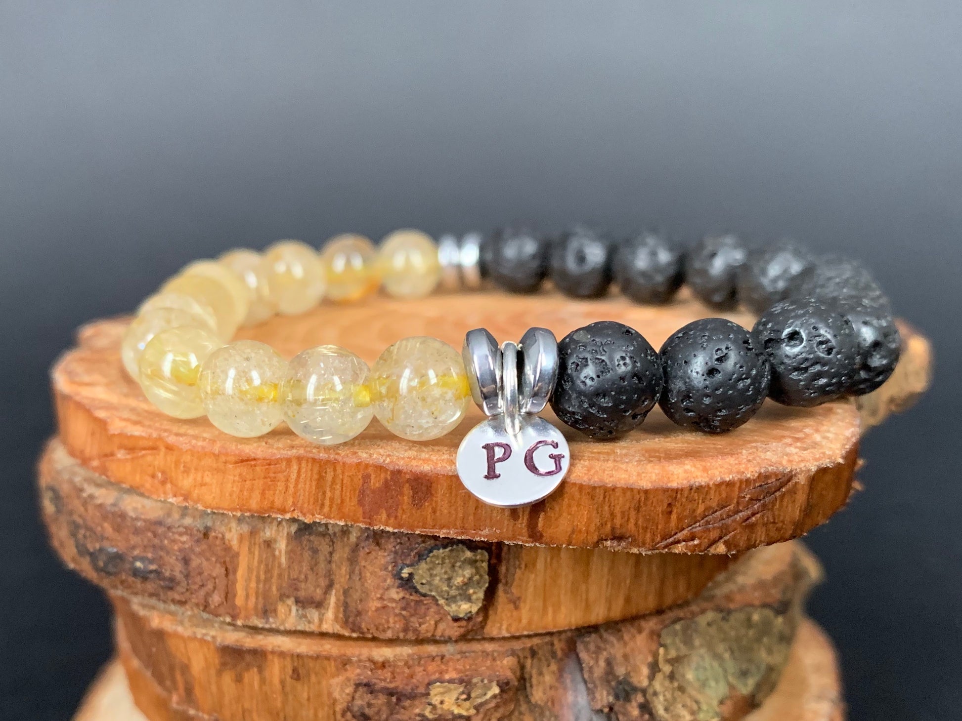 Handmade Personalise Initials Rutilated Quartz Lavarock Hematite Men Women Bracelet - Konmay London