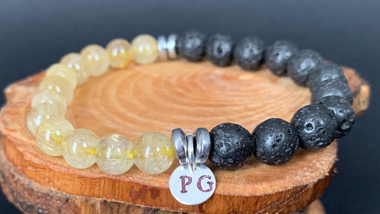 Handmade Personalise Initials Rutilated Quartz Lavarock Hematite Men Women Bracelet - Konmay London