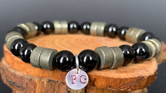 Handmade Personalise Initials Onyx Pyrite Men Women Bracelet - Konmay London