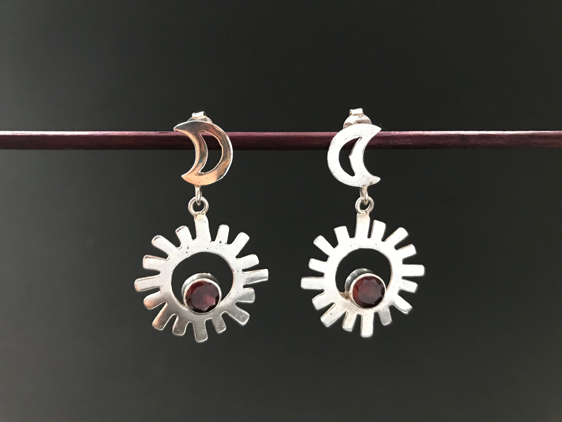 Handmade Sun & Moon Garnet/BlackDiopside/ Citrine Silver Earrings - Konmay London