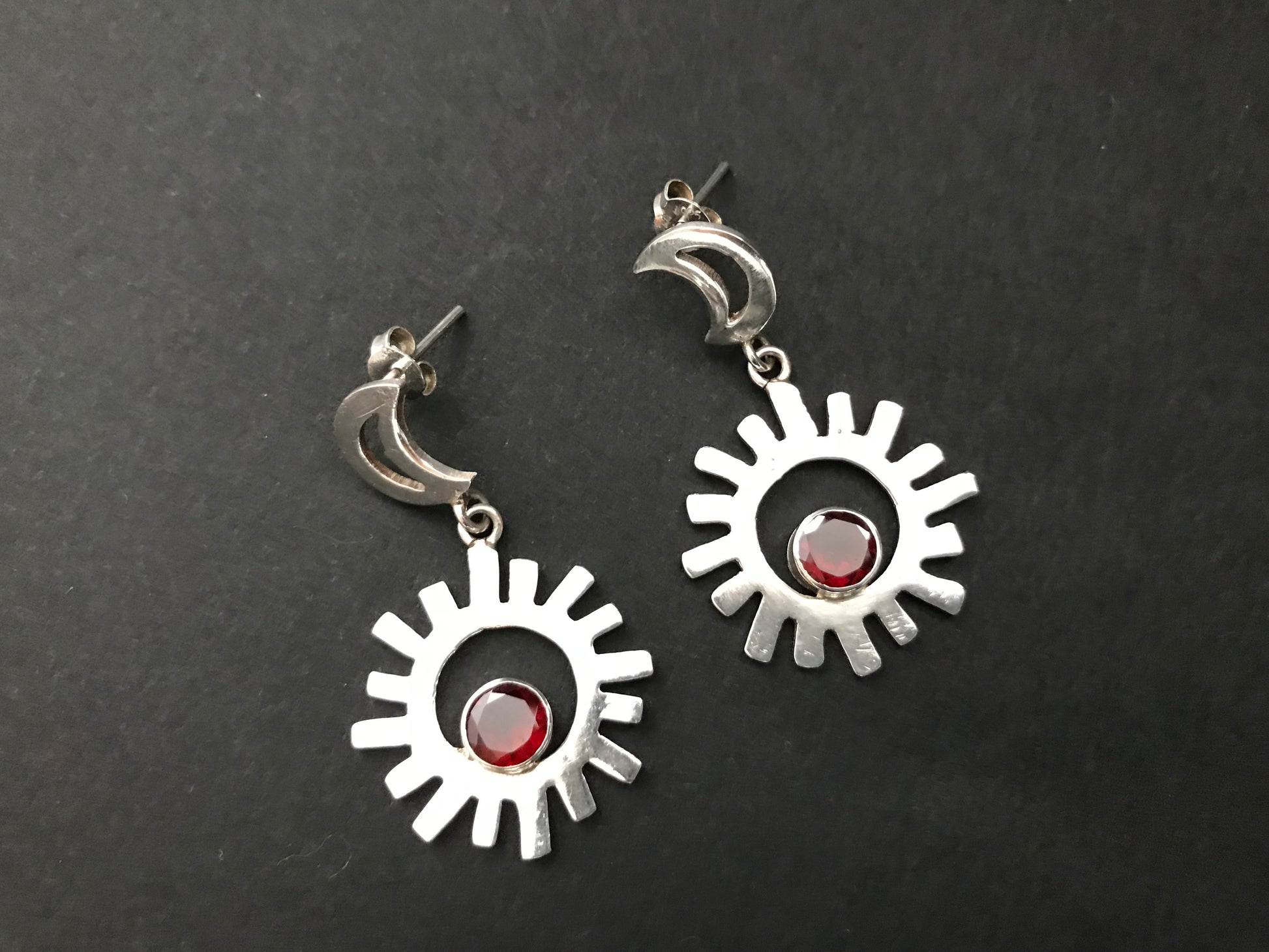 Handmade Sun & Moon Garnet/BlackDiopside/ Citrine Silver Earrings - Konmay London