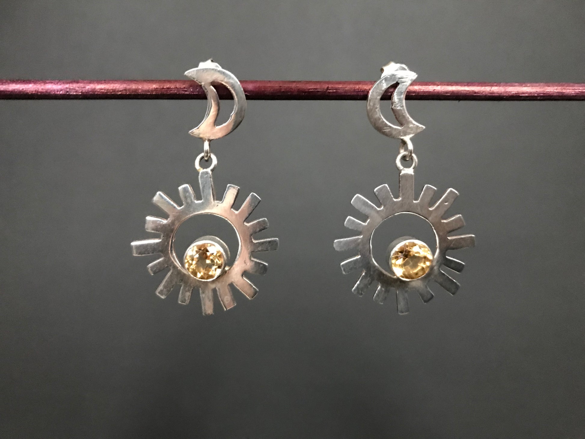 Handmade Sun & Moon Garnet/BlackDiopside/ Citrine Silver Earrings - Konmay London