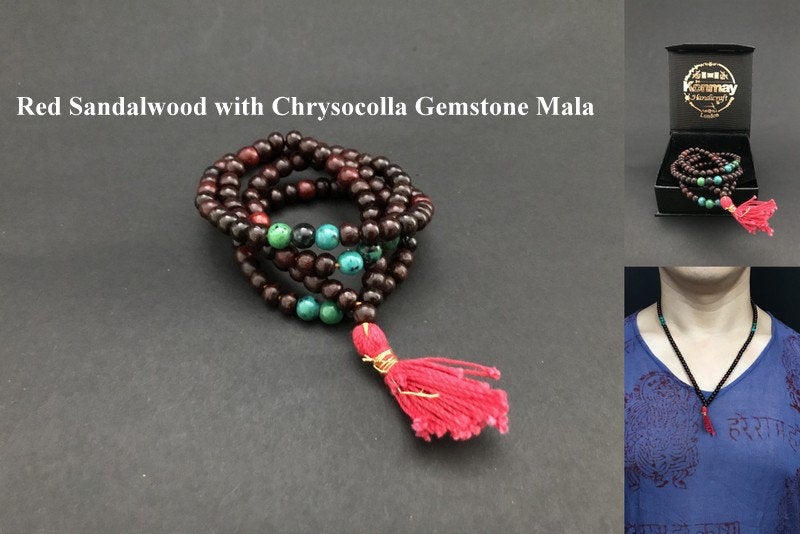 Handmade Chrysocolla Red Sandalwood Mala - Konmay London