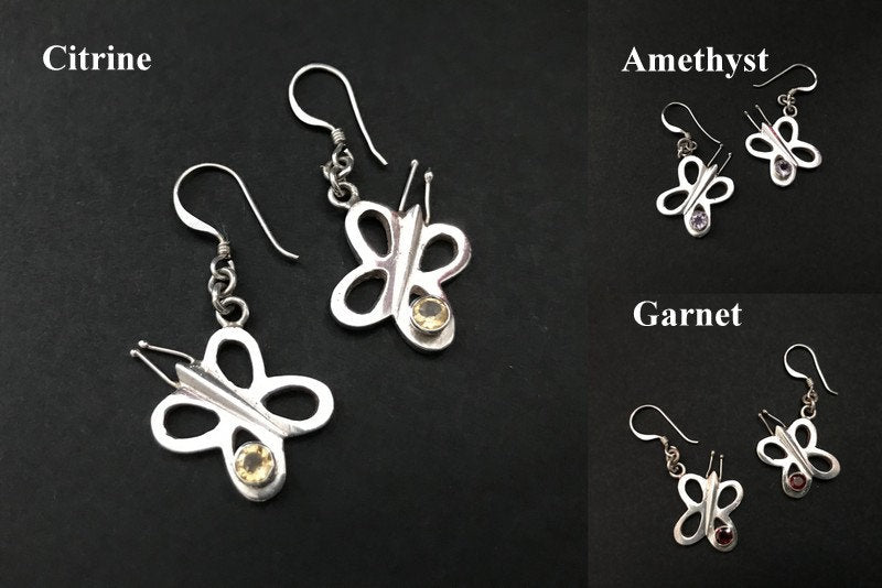 Handmade Butterfly Amethyst/ Citrine/ Garnet Silver Earrings - Konmay London