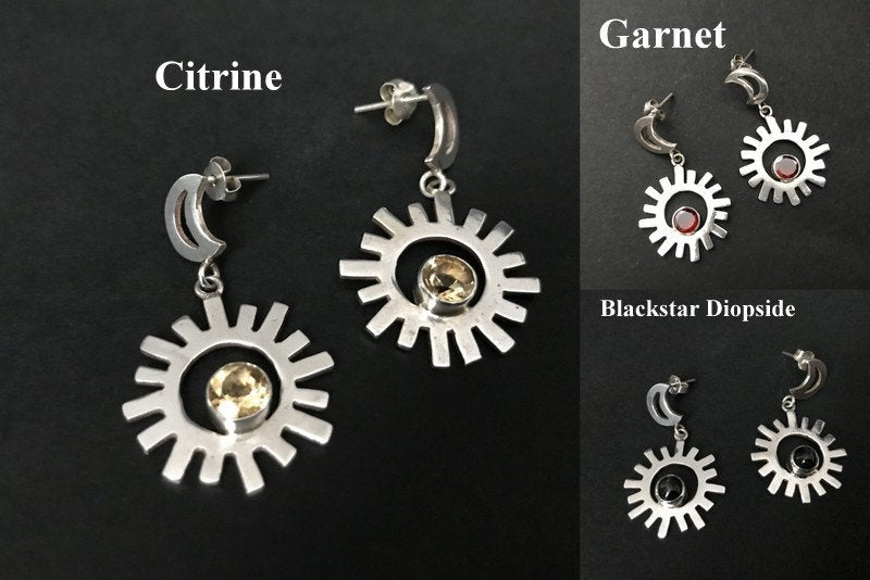 Handmade Sun & Moon Garnet/BlackDiopside/ Citrine Silver Earrings - Konmay London