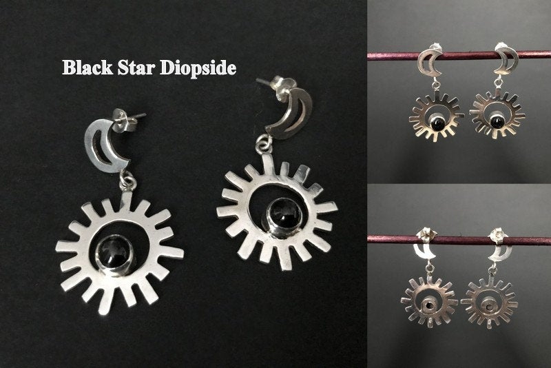 Handmade Sun & Moon Garnet/BlackDiopside/ Citrine Silver Earrings - Konmay London