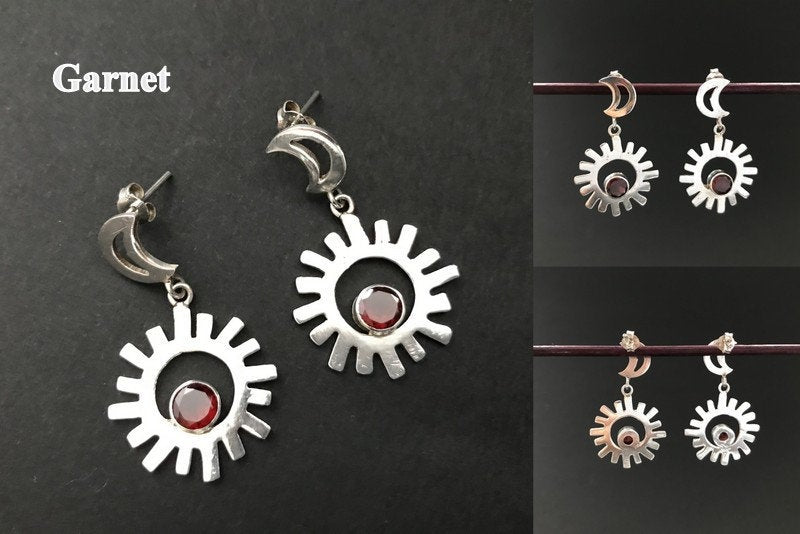 Handmade Sun & Moon Garnet/BlackDiopside/ Citrine Silver Earrings - Konmay London