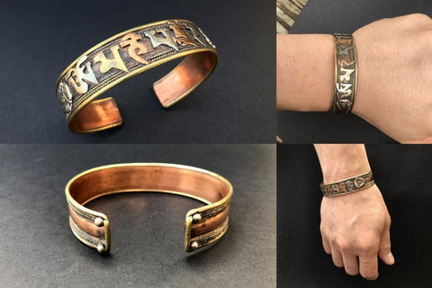Handmade Copper Brass Tibetan Scripted Om Ma Ne Pad Me Hum Healing Energy Bracelet - Konmay London