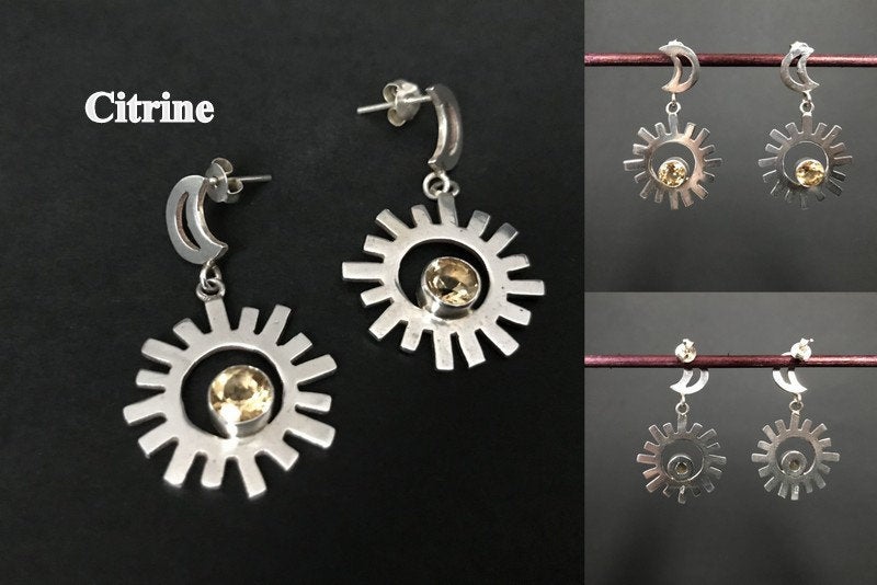 Handmade Sun & Moon Garnet/BlackDiopside/ Citrine Silver Earrings - Konmay London